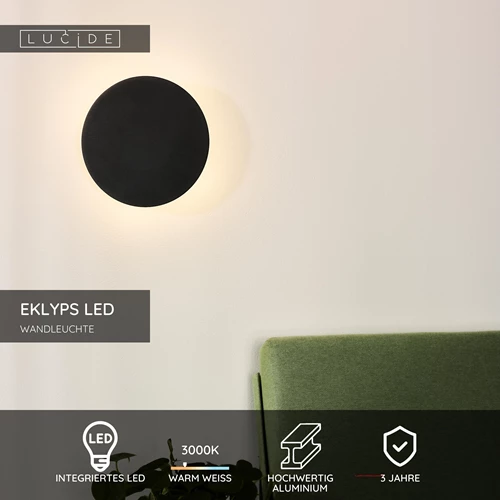 Lucide EKLYPS LED - Wandleuchte - Ø 25 cm - LED - 1x9W 3000K - Schwarz - USP